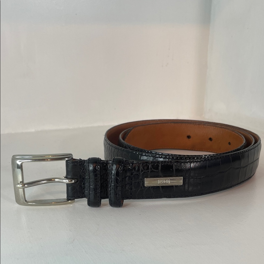 VTG POLO RALPH LAUREN CROC EMBO Men's Black Leather Belt Sz 44/110 Made In USA